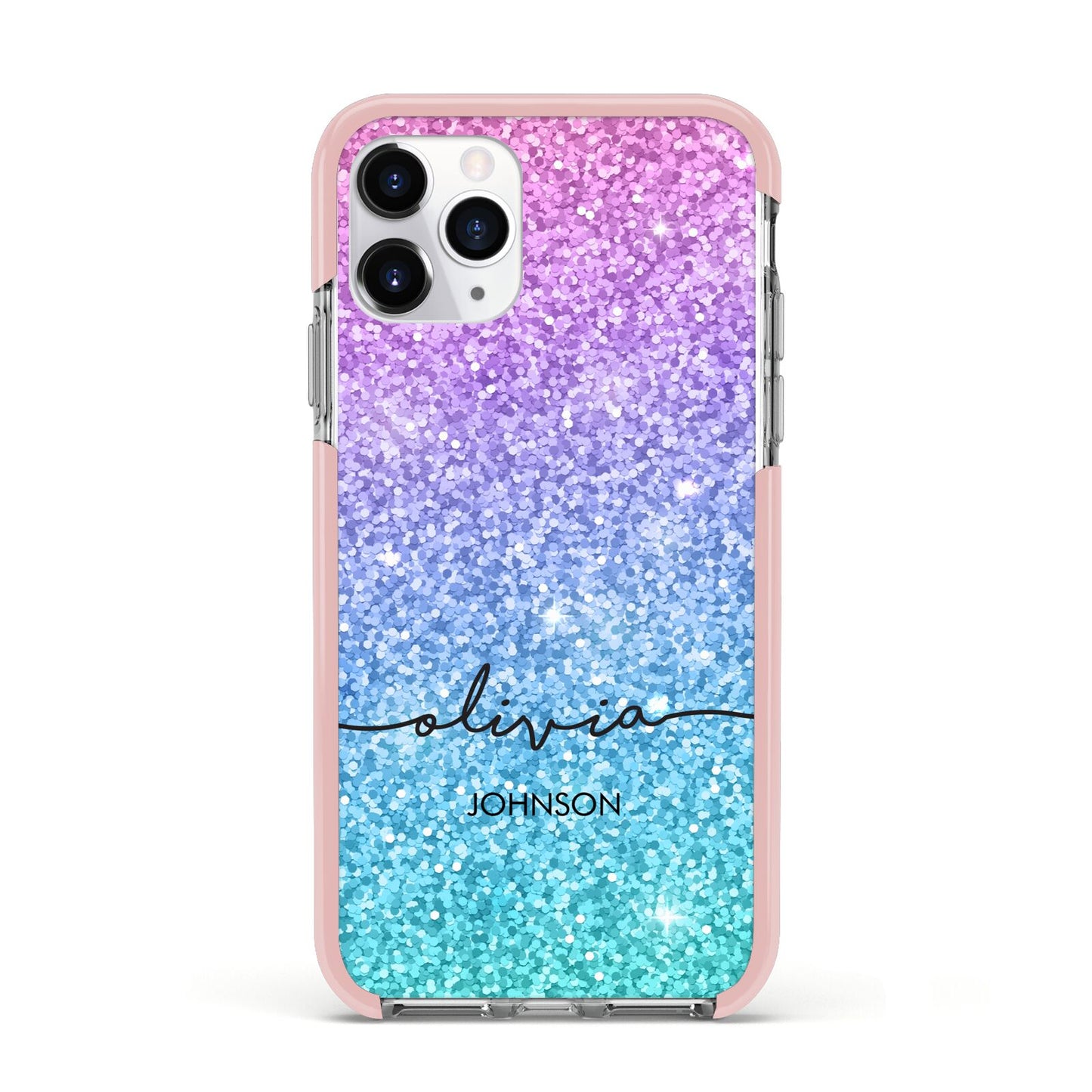 Personalised Ombre Glitter with Names Apple iPhone 11 Pro in Silver with Pink Impact Case