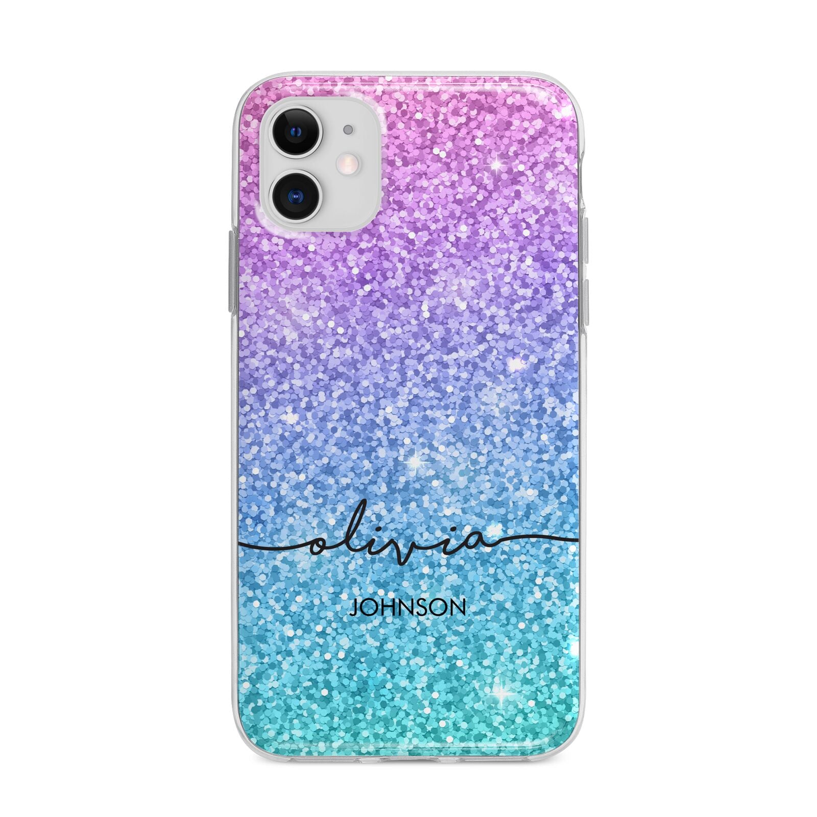 Personalised Ombre Glitter with Names Apple iPhone 11 in White with Bumper Case