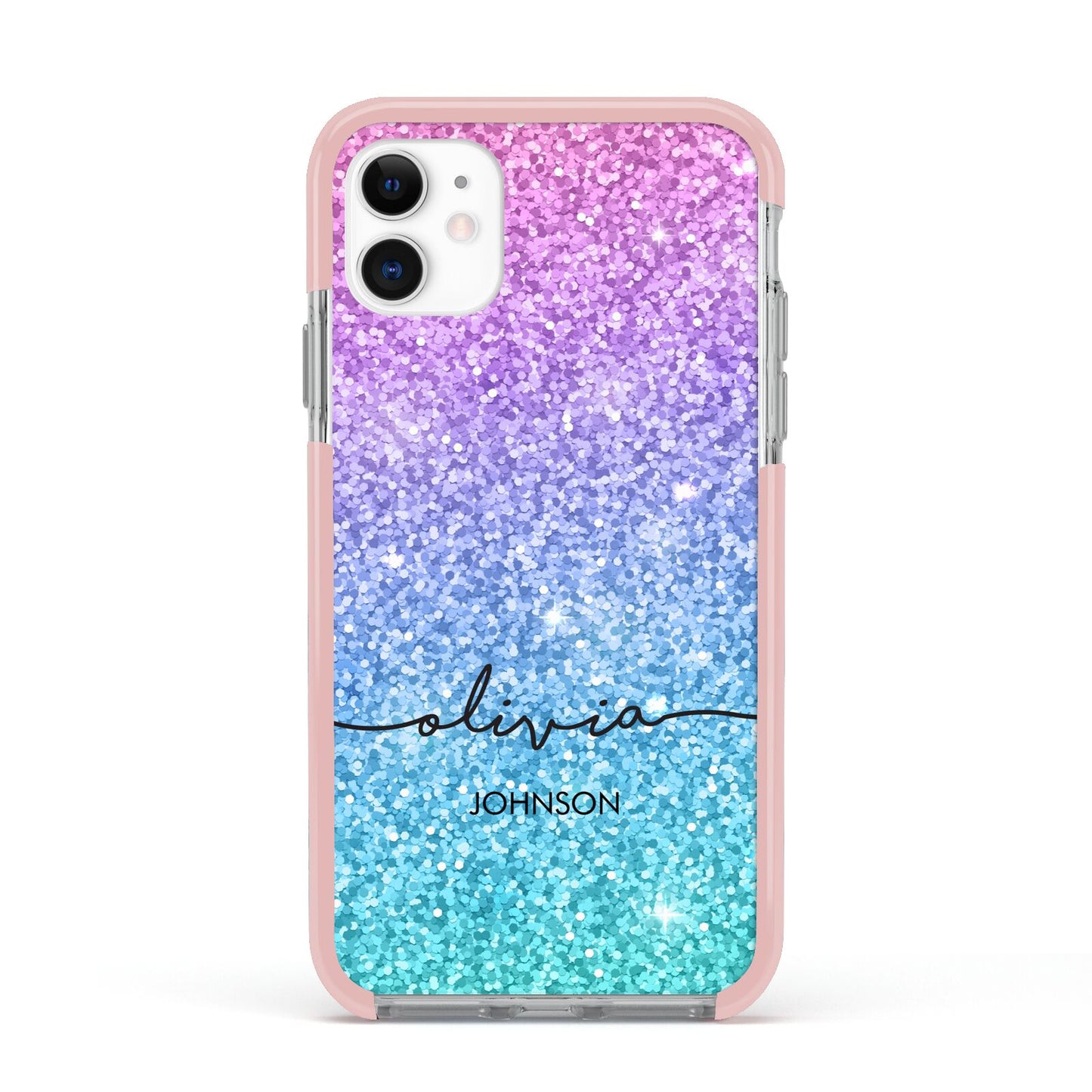 Personalised Ombre Glitter with Names Apple iPhone 11 in White with Pink Impact Case