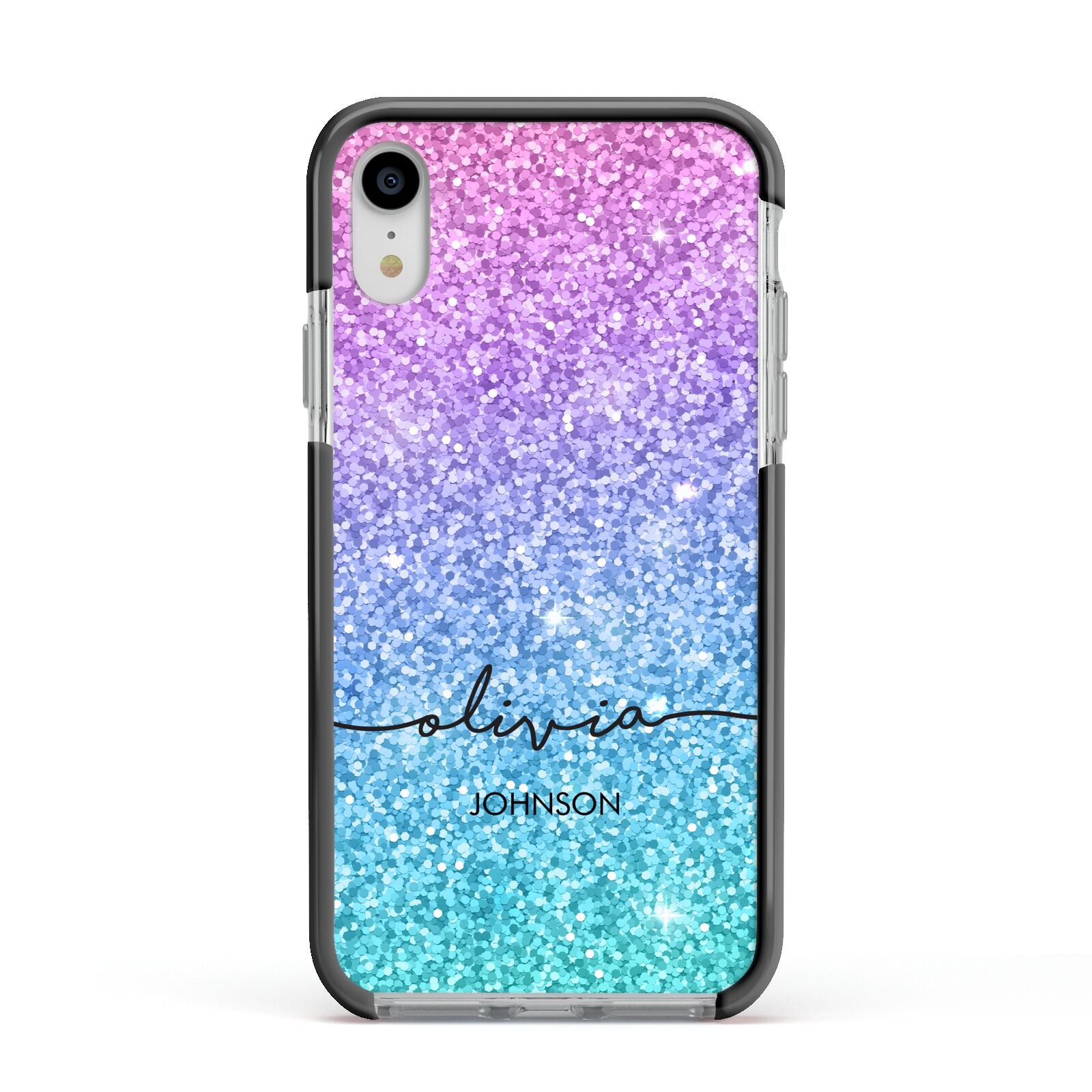 Personalised Ombre Glitter with Names Apple iPhone XR Impact Case Black Edge on Silver Phone