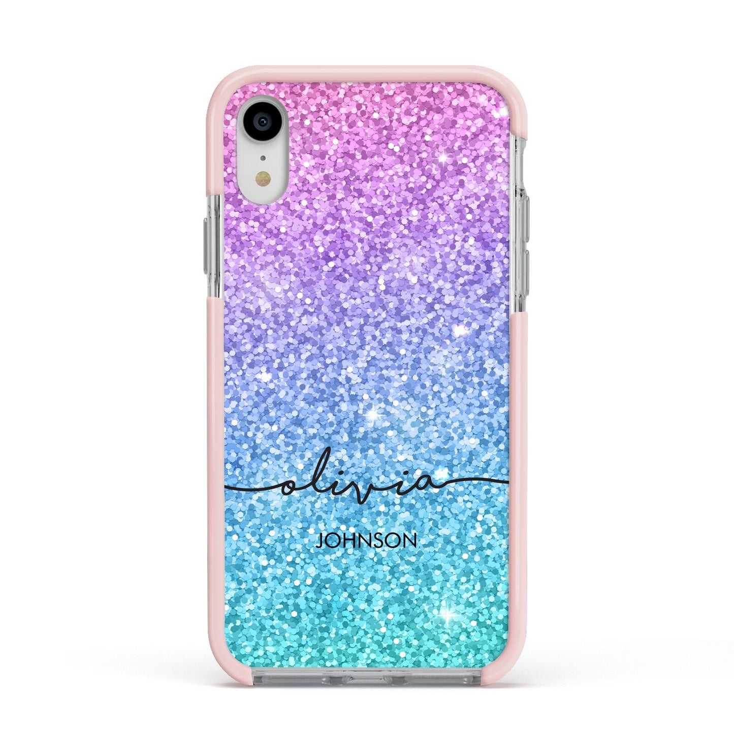 Personalised Ombre Glitter with Names Apple iPhone XR Impact Case Pink Edge on Silver Phone