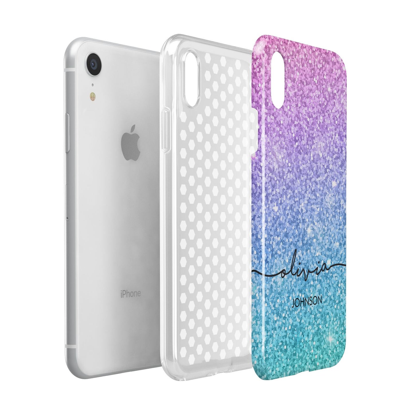 Personalised Ombre Glitter with Names Apple iPhone XR White 3D Tough Case Expanded view