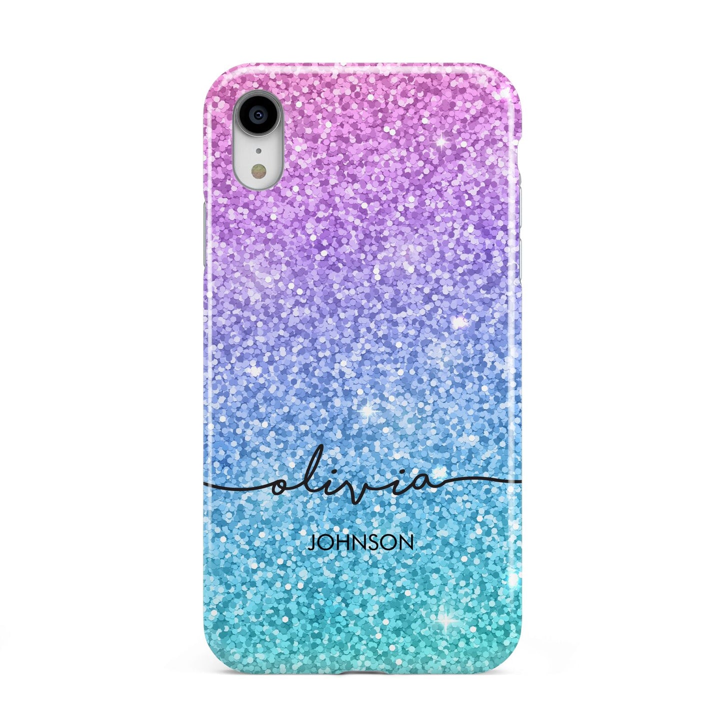 Personalised Ombre Glitter with Names Apple iPhone XR White 3D Tough Case