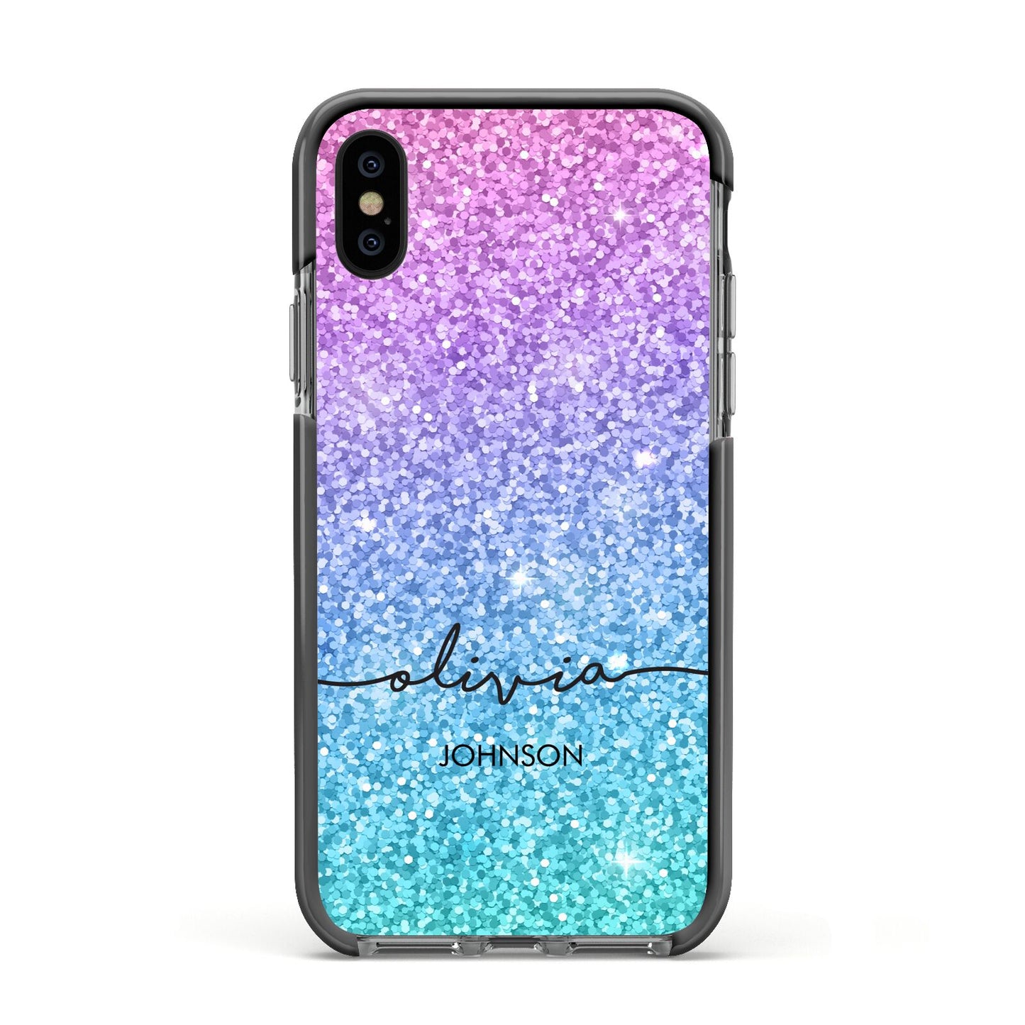 Personalised Ombre Glitter with Names Apple iPhone Xs Impact Case Black Edge on Black Phone