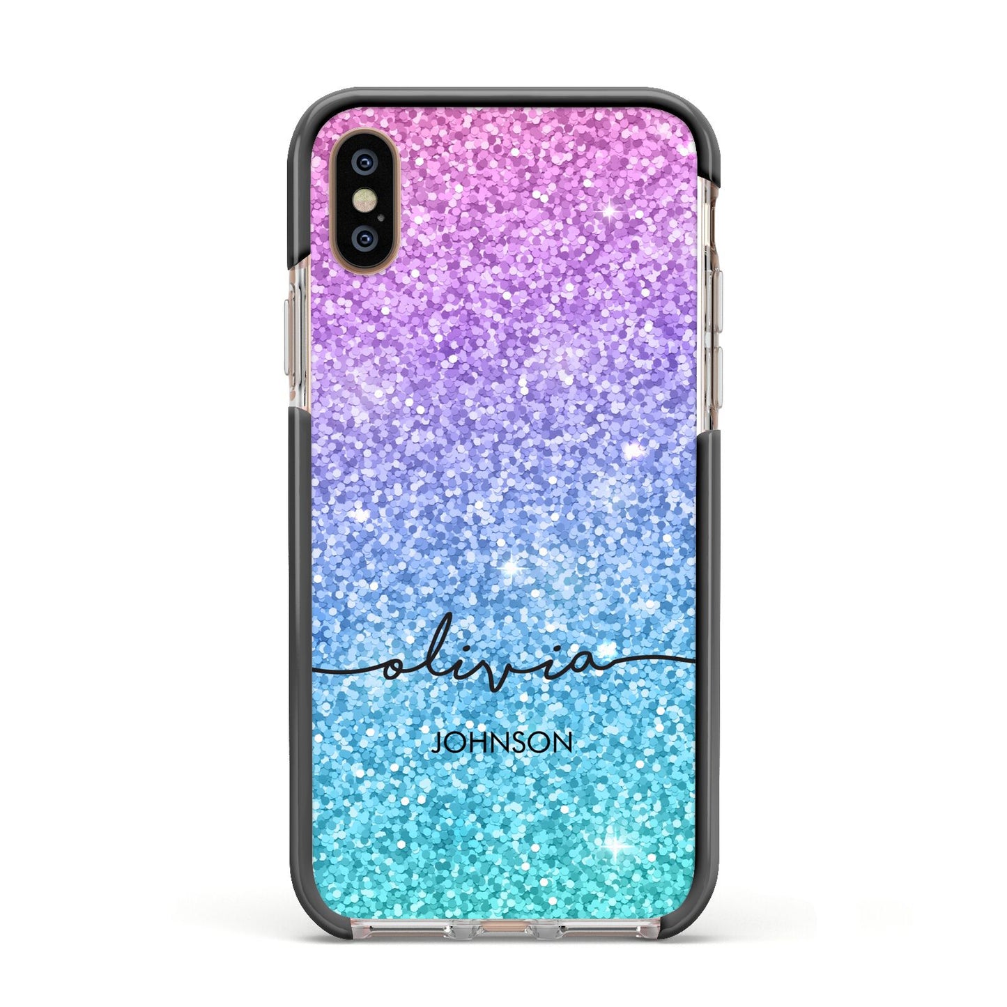 Personalised Ombre Glitter with Names Apple iPhone Xs Impact Case Black Edge on Gold Phone