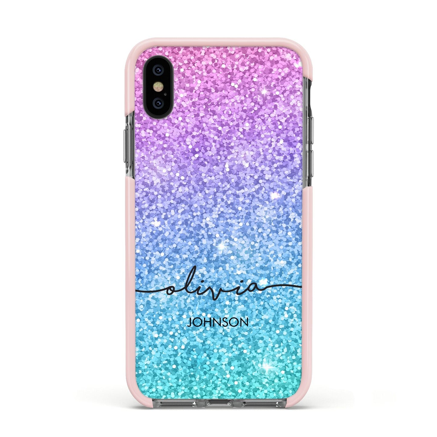 Personalised Ombre Glitter with Names Apple iPhone Xs Impact Case Pink Edge on Black Phone