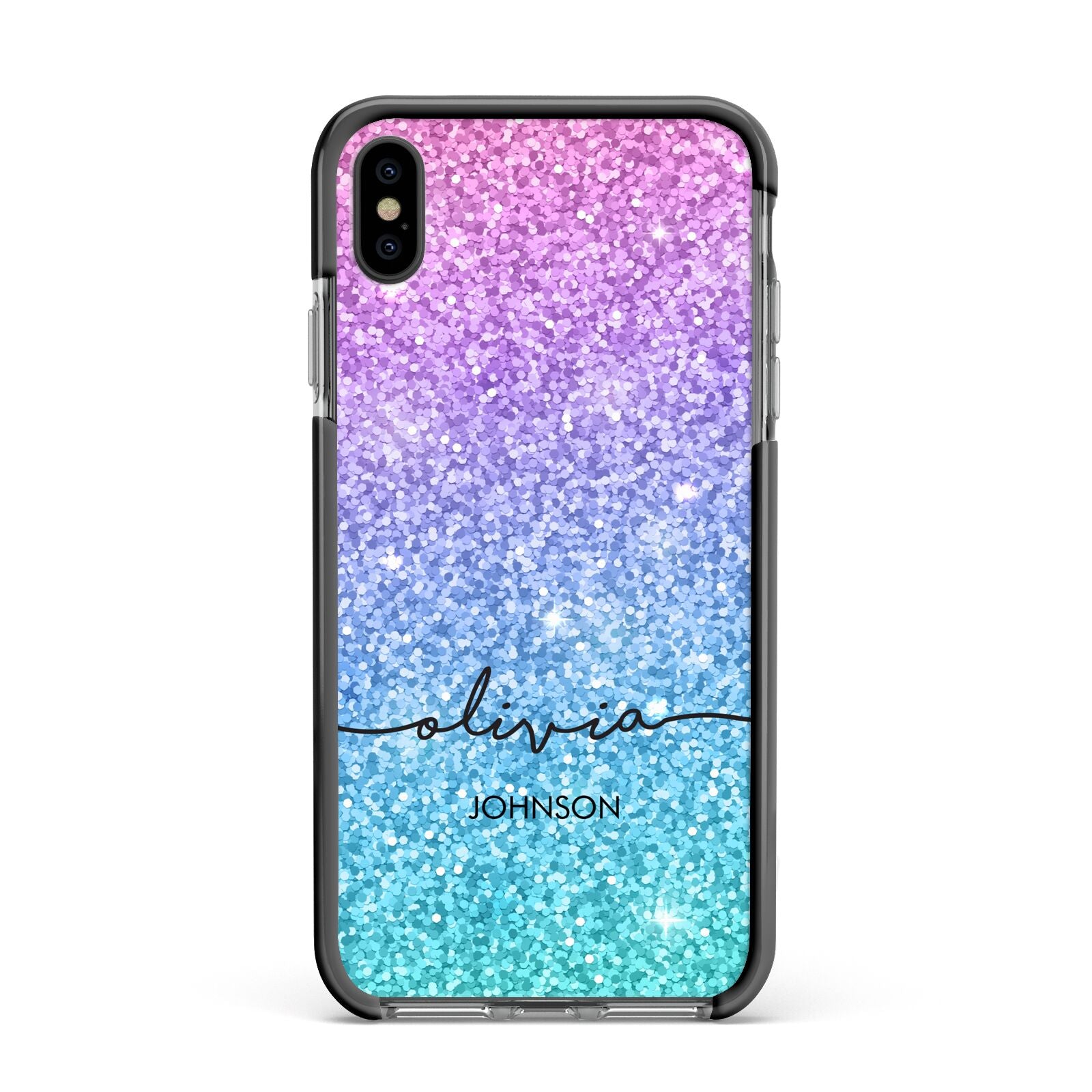 Personalised Ombre Glitter with Names Apple iPhone Xs Max Impact Case Black Edge on Black Phone