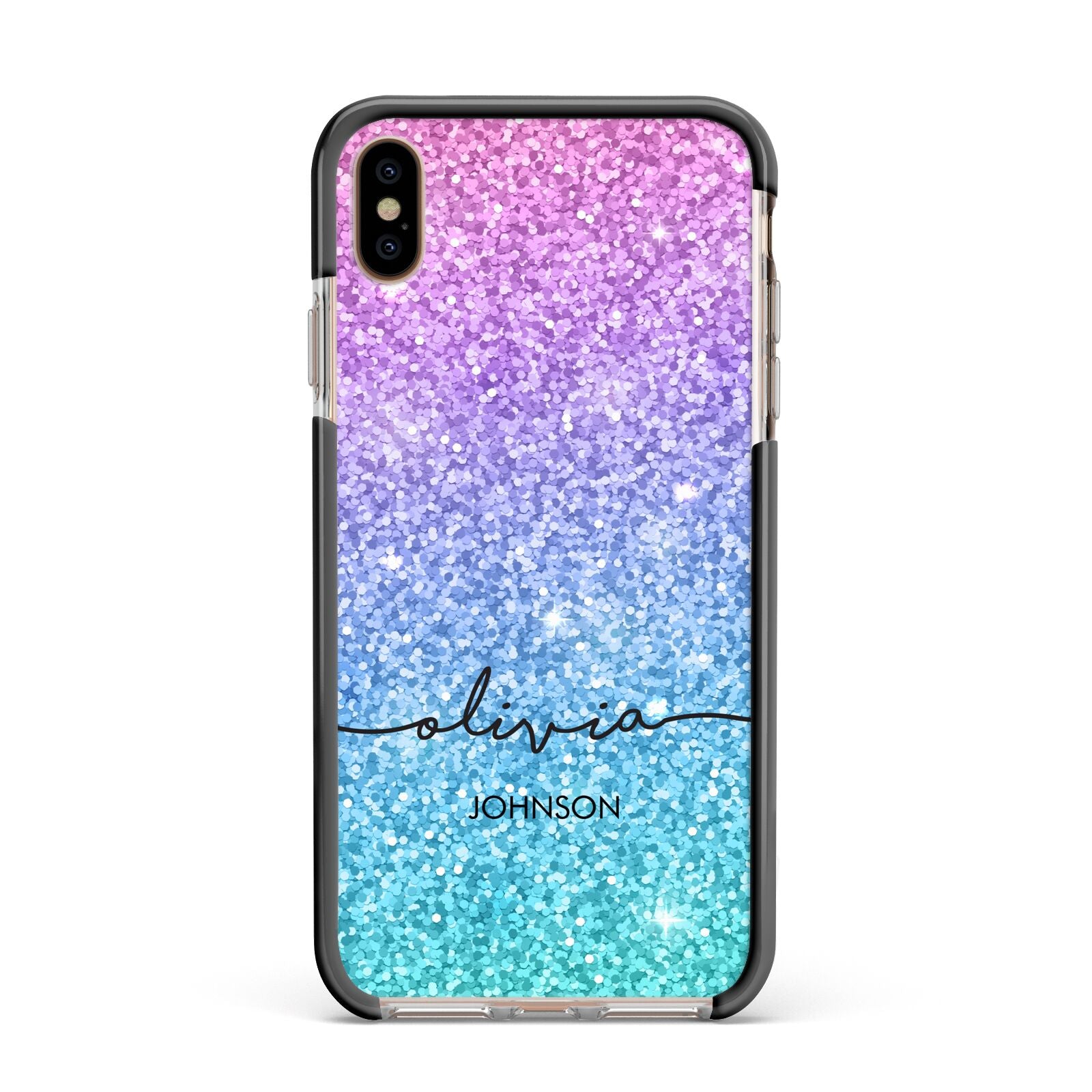 Personalised Ombre Glitter with Names Apple iPhone Xs Max Impact Case Black Edge on Gold Phone