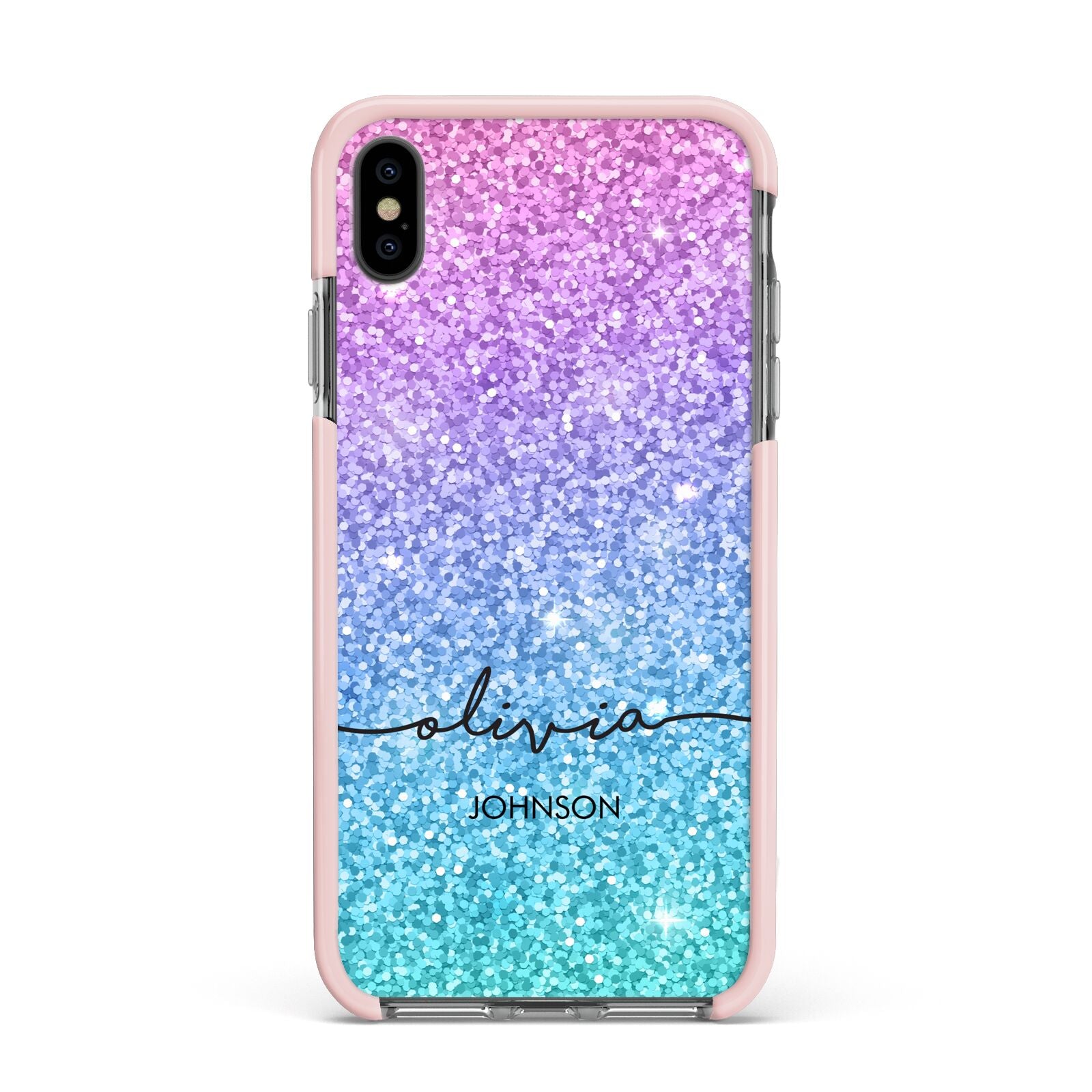 Personalised Ombre Glitter with Names Apple iPhone Xs Max Impact Case Pink Edge on Black Phone