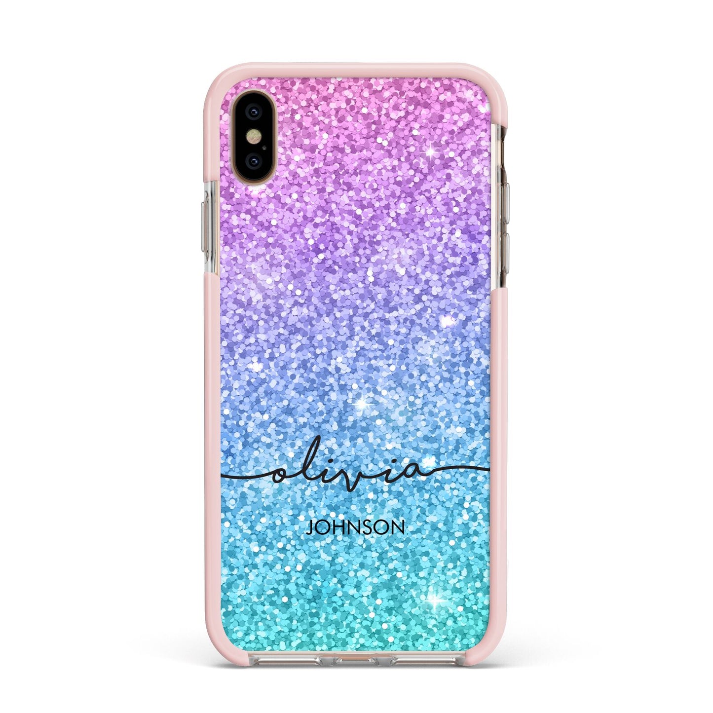 Personalised Ombre Glitter with Names Apple iPhone Xs Max Impact Case Pink Edge on Gold Phone