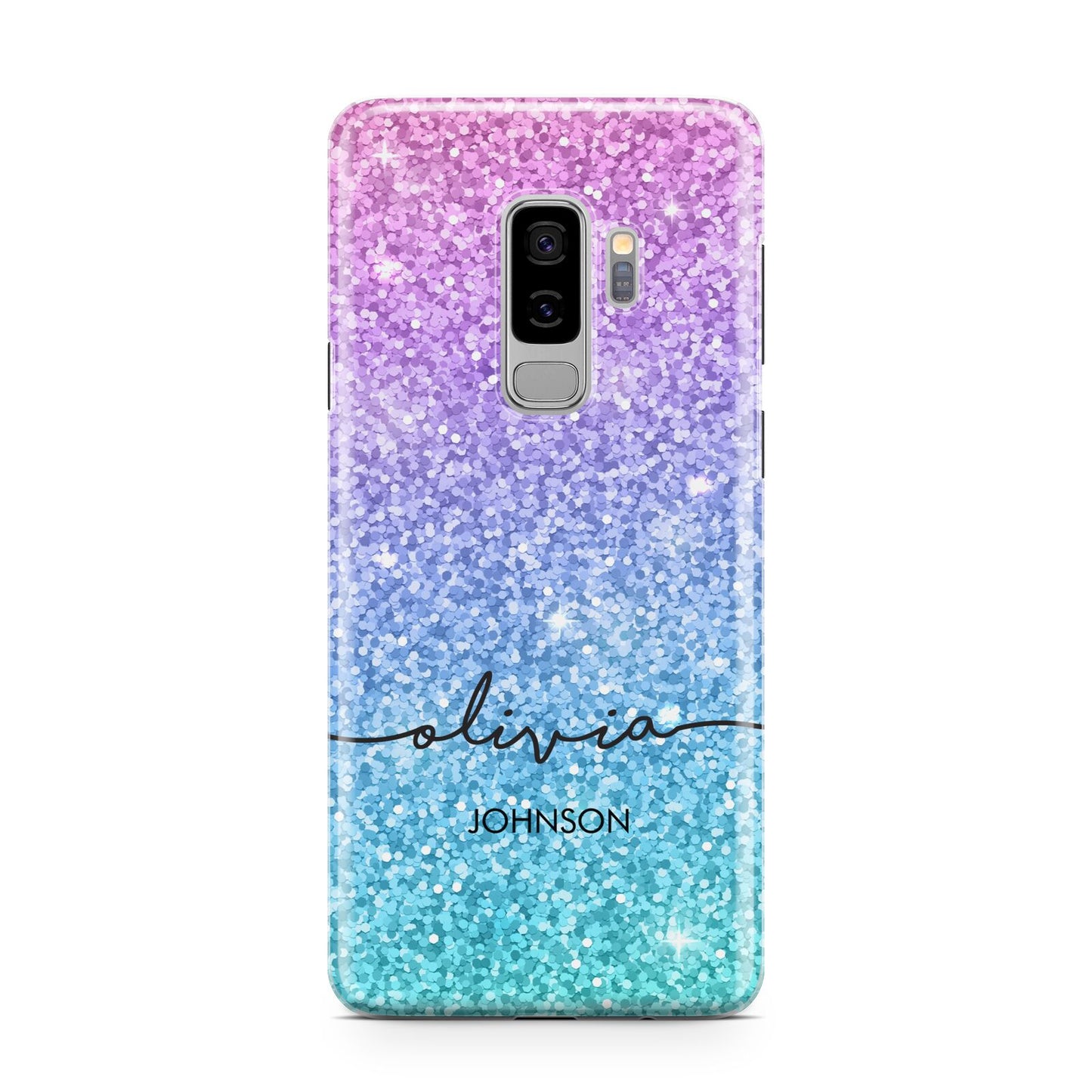 Personalised Ombre Glitter with Names Samsung Galaxy S9 Plus Case on Silver phone