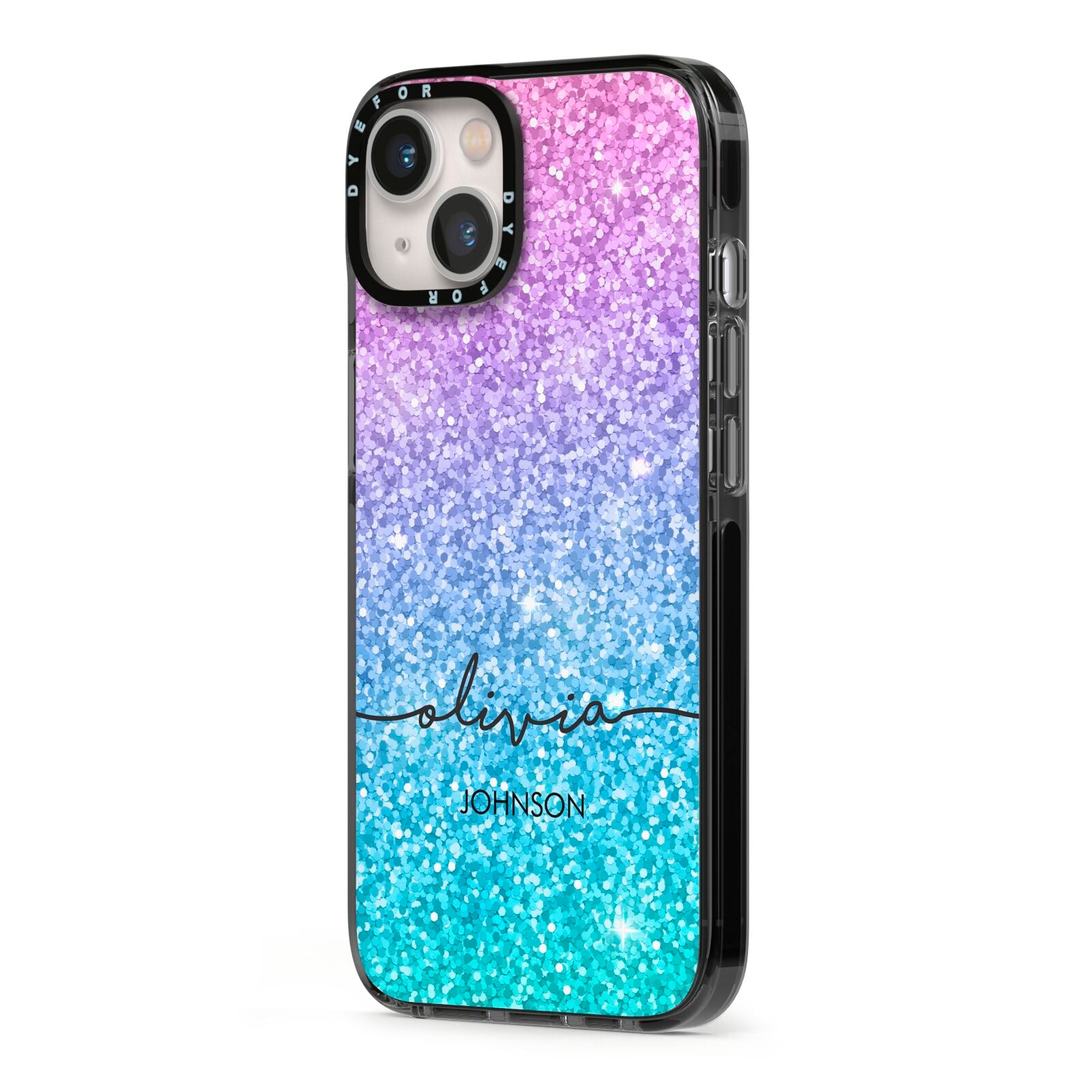 Personalised Ombre Glitter with Names iPhone 13 Black Impact Case Side Angle on Silver phone