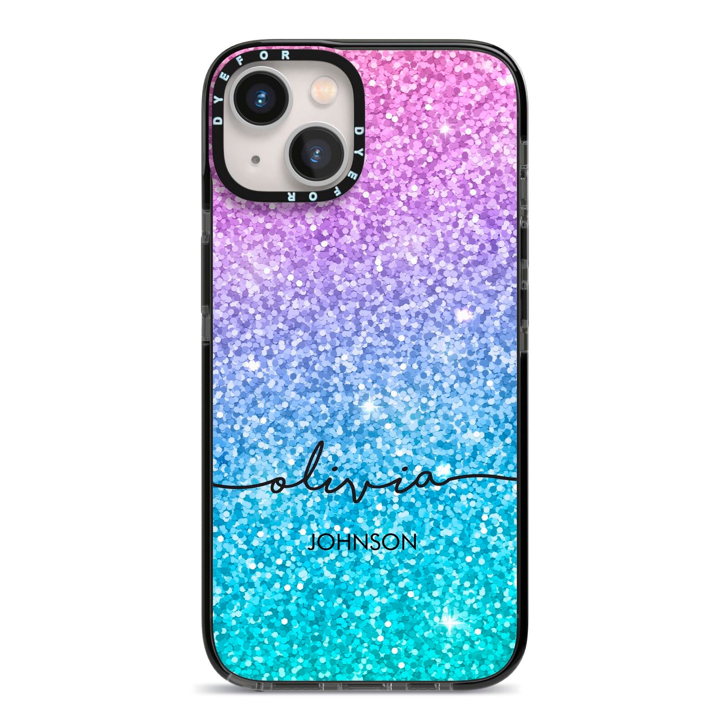 Personalised Ombre Glitter with Names iPhone 13 Black Impact Case on Silver phone