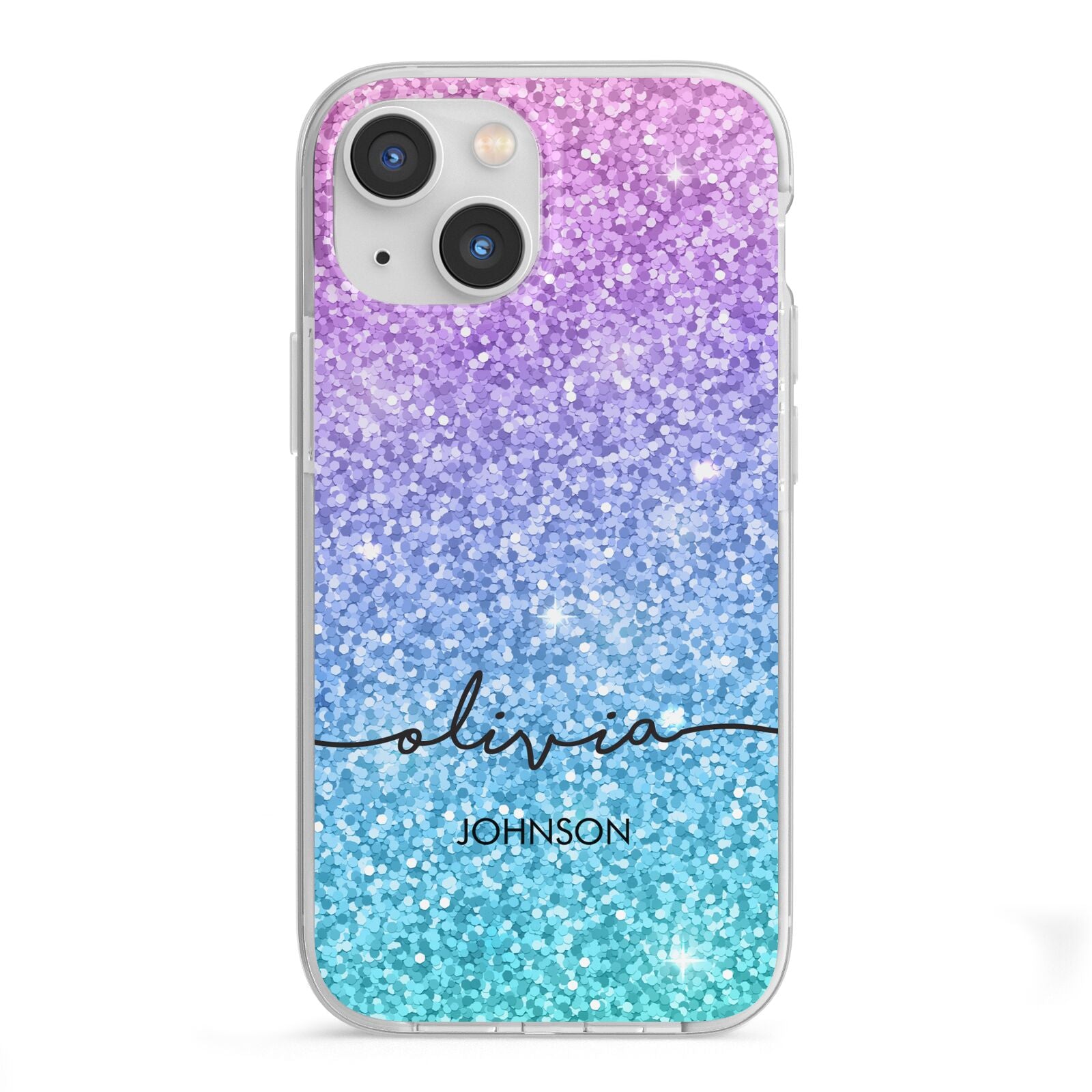 Personalised Ombre Glitter with Names iPhone 13 Mini TPU Impact Case with White Edges