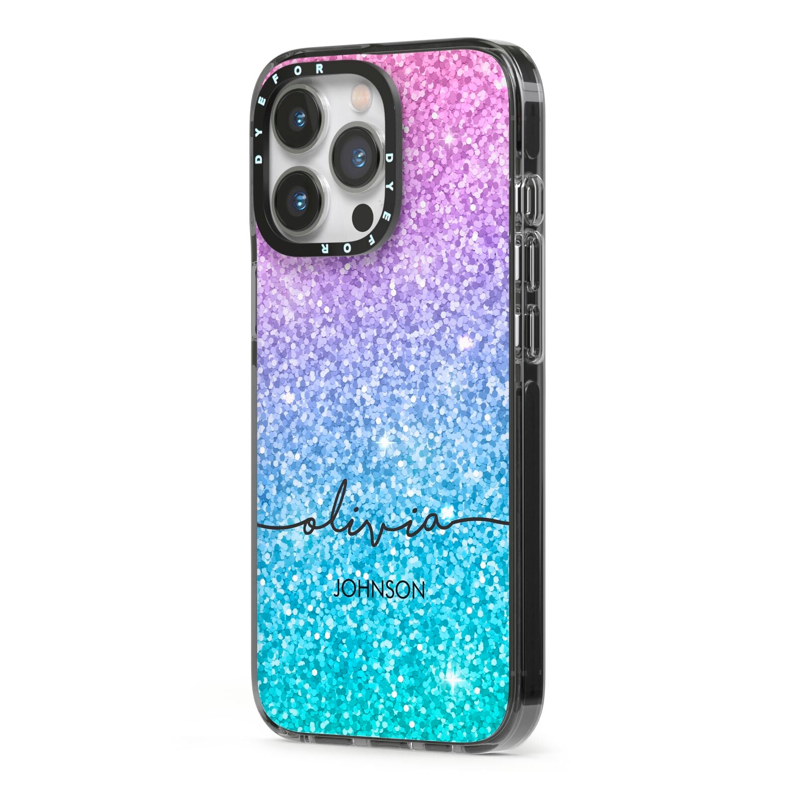 Personalised Ombre Glitter with Names iPhone 13 Pro Black Impact Case Side Angle on Silver phone
