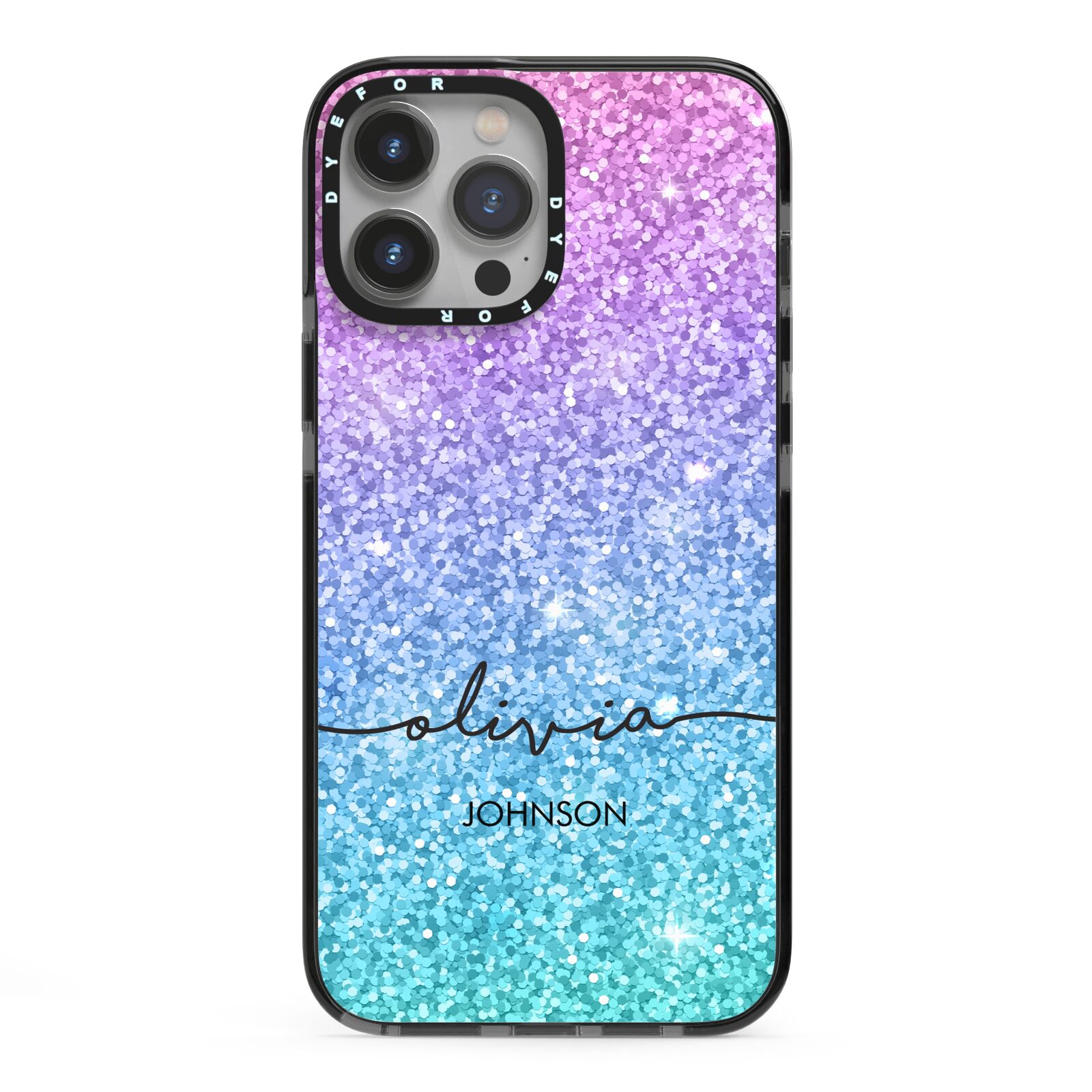 Personalised Ombre Glitter with Names iPhone 13 Pro Max Black Impact Case on Silver phone