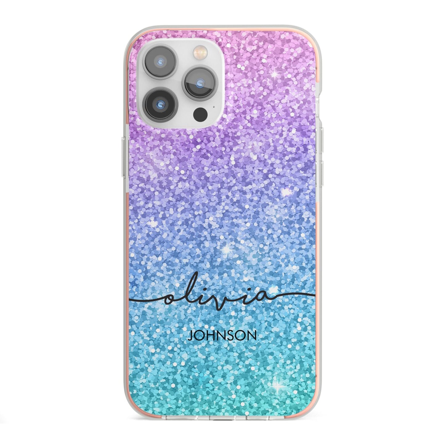Personalised Ombre Glitter with Names iPhone 13 Pro Max TPU Impact Case with Pink Edges