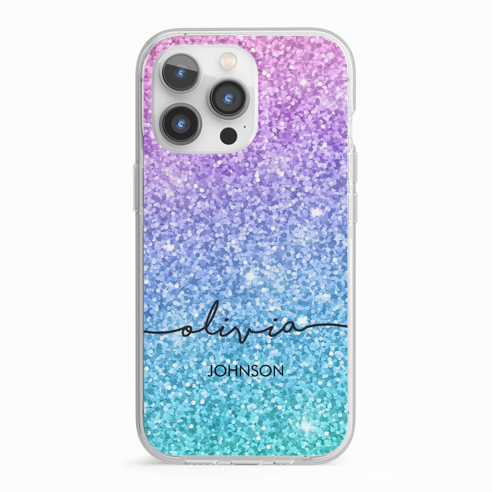 Personalised Ombre Glitter with Names iPhone 13 Pro TPU Impact Case with White Edges