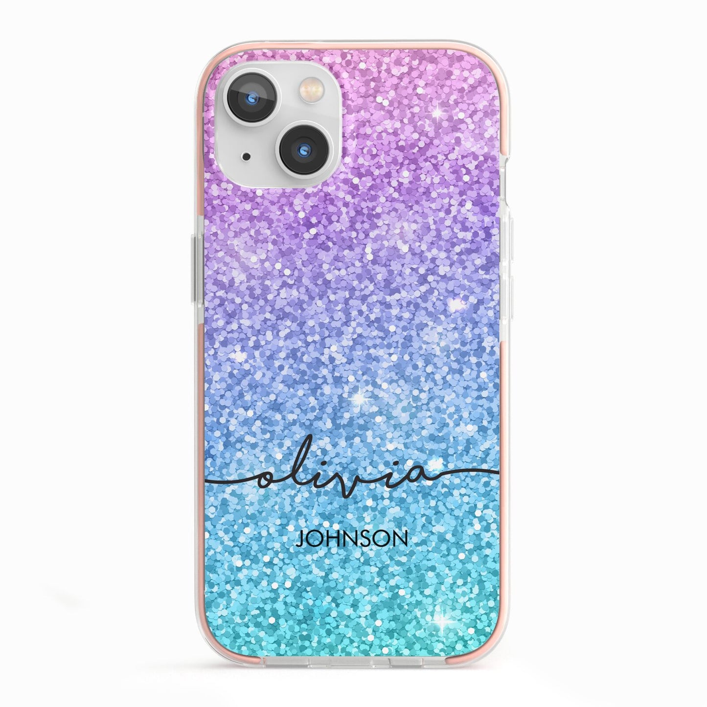 Personalised Ombre Glitter with Names iPhone 13 TPU Impact Case with Pink Edges