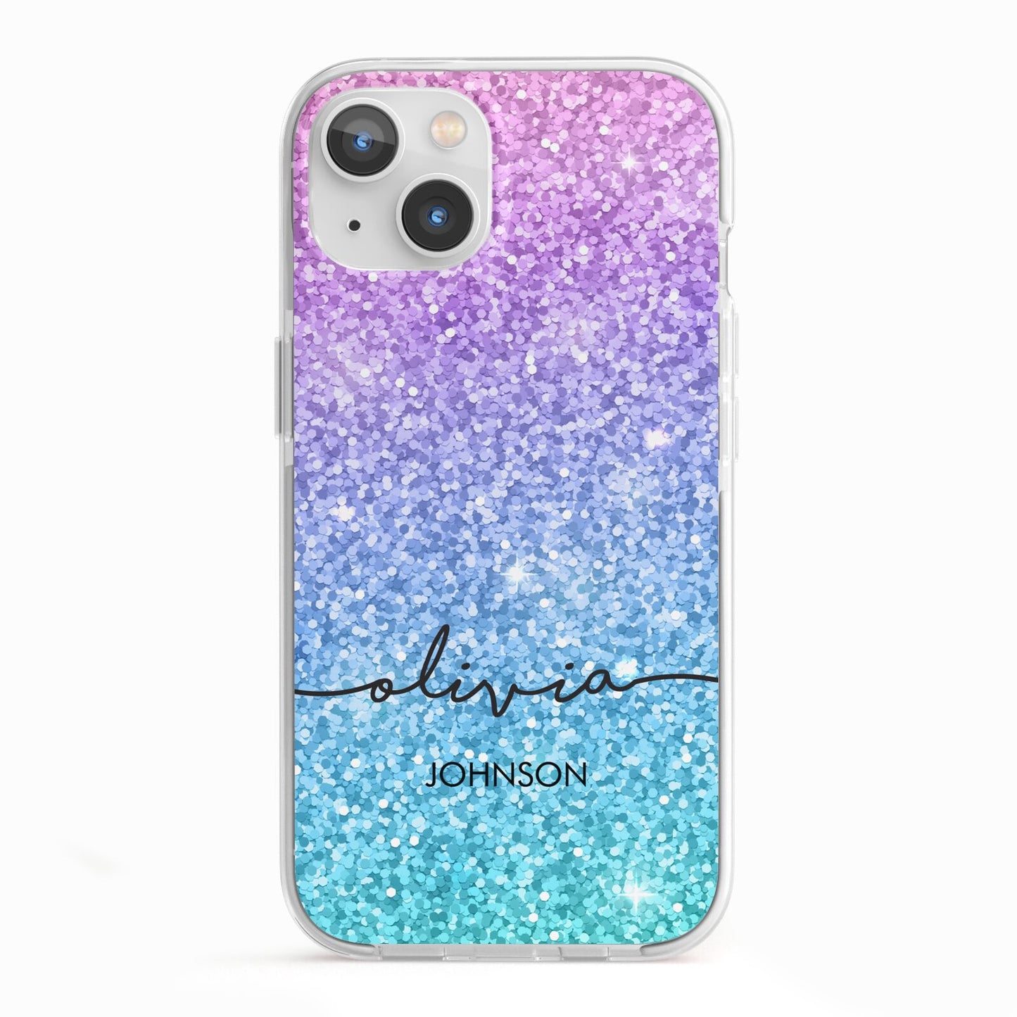 Personalised Ombre Glitter with Names iPhone 13 TPU Impact Case with White Edges