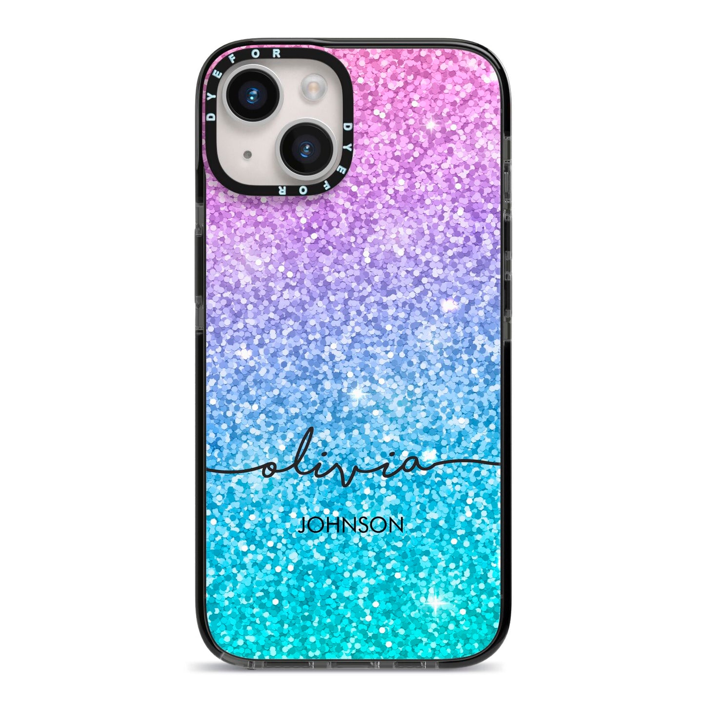 Personalised Ombre Glitter with Names iPhone 14 Black Impact Case on Silver phone