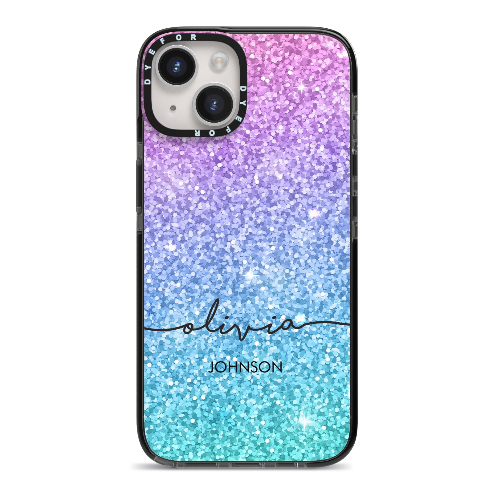 Personalised Ombre Glitter with Names iPhone 14 Black Impact Case on Silver phone