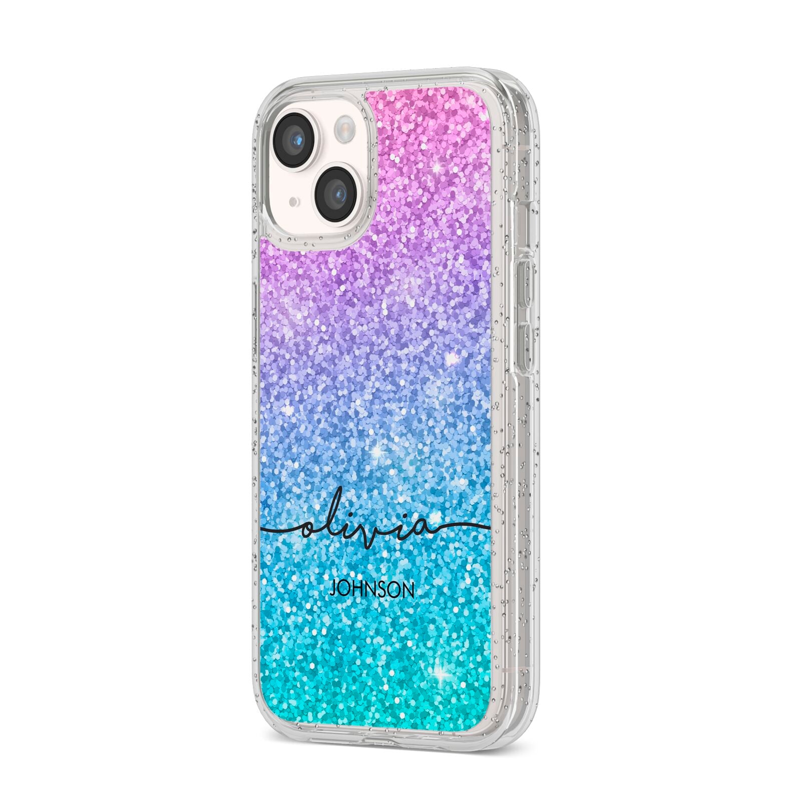 Personalised Ombre Glitter with Names iPhone 14 Glitter Tough Case Starlight Angled Image