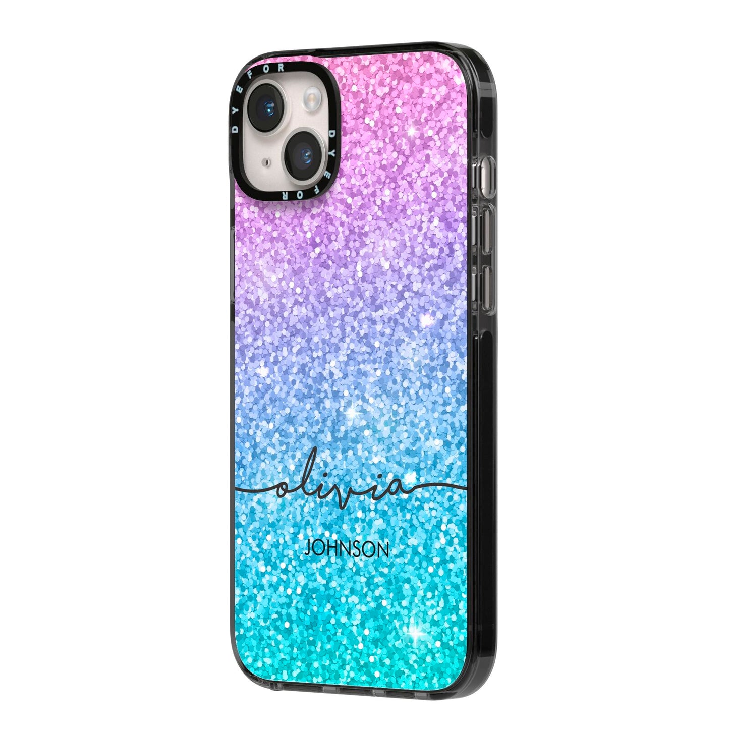 Personalised Ombre Glitter with Names iPhone 14 Plus Black Impact Case Side Angle on Silver phone