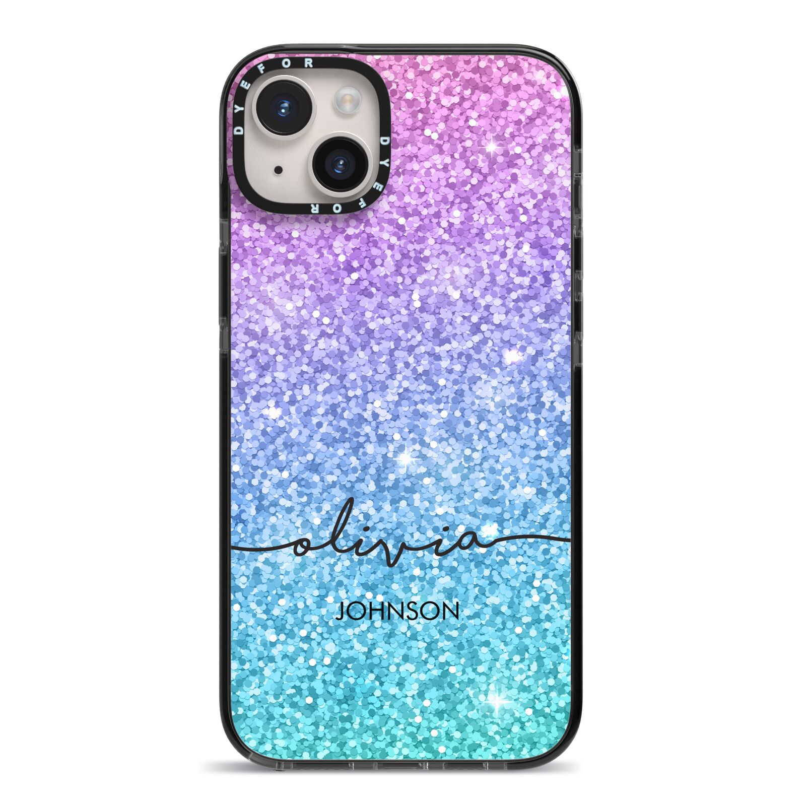 Personalised Ombre Glitter with Names iPhone 14 Plus Black Impact Case on Silver phone