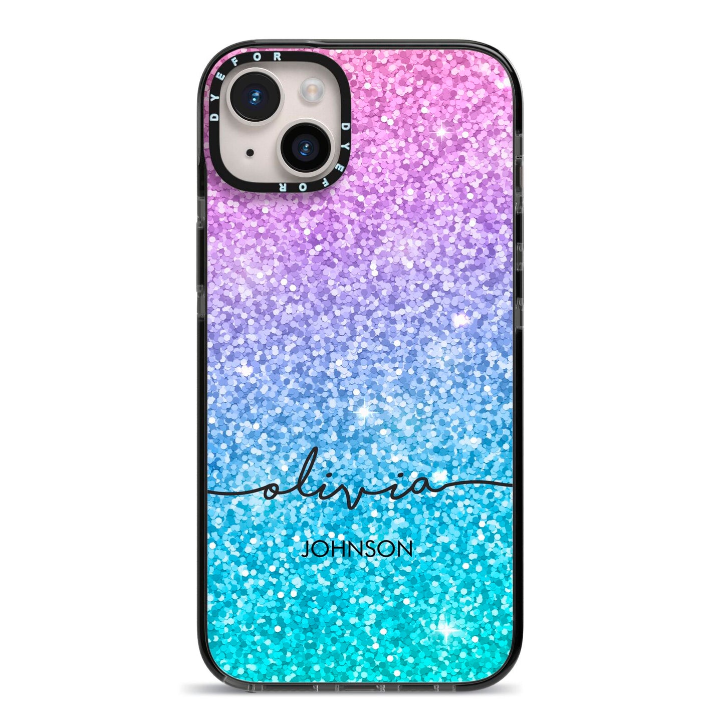 Personalised Ombre Glitter with Names iPhone 14 Plus Black Impact Case on Silver phone
