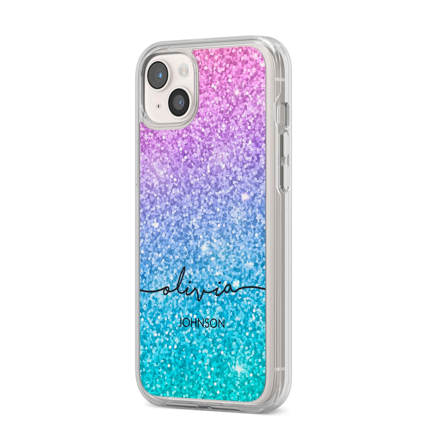 Personalised Ombre Glitter with Names iPhone 14 Plus Clear Tough Case Starlight Angled Image