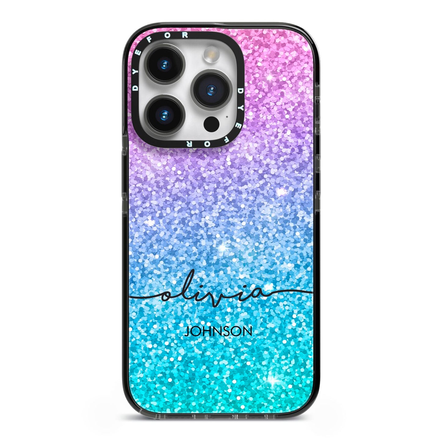Personalised Ombre Glitter with Names iPhone 14 Pro Black Impact Case on Silver phone