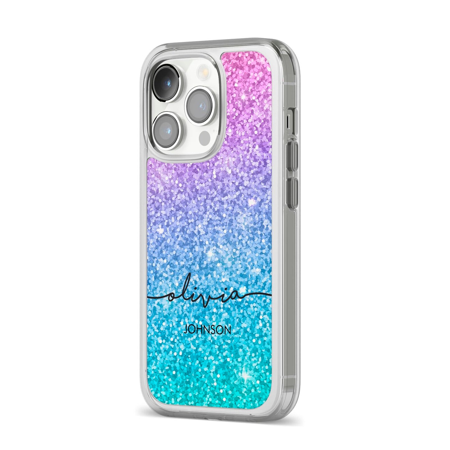 Personalised Ombre Glitter with Names iPhone 14 Pro Clear Tough Case Silver Angled Image