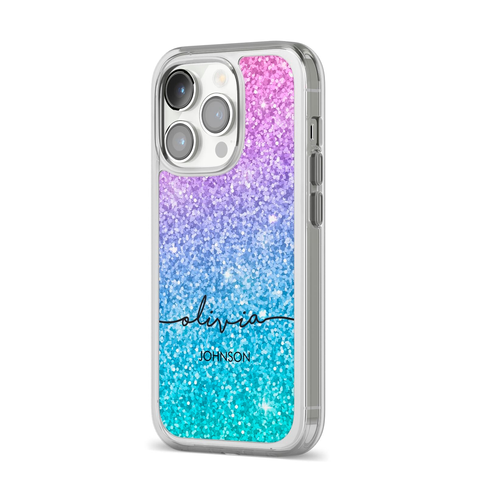 Personalised Ombre Glitter with Names iPhone 14 Pro Clear Tough Case Silver Angled Image