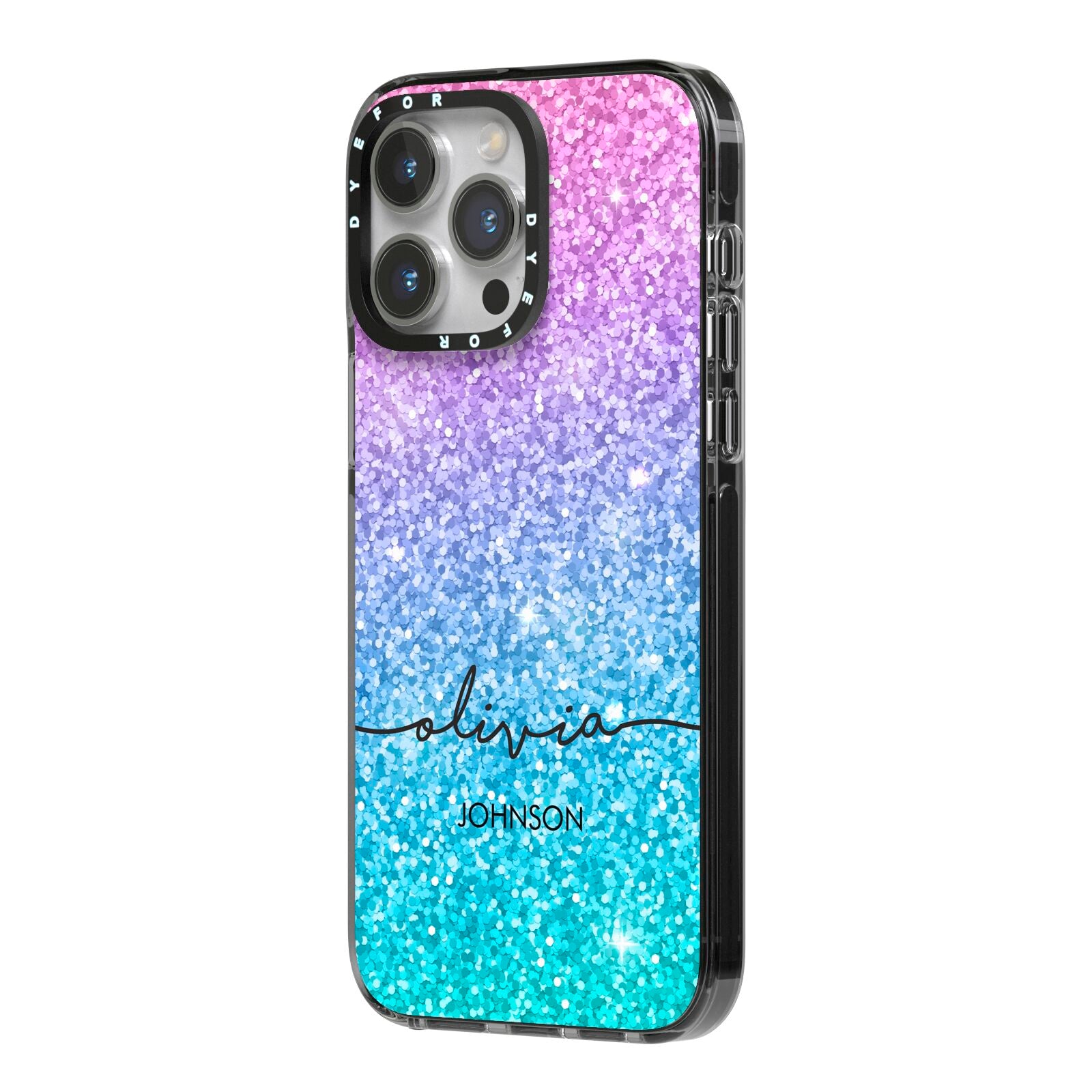 Personalised Ombre Glitter with Names iPhone 14 Pro Max Black Impact Case Side Angle on Silver phone