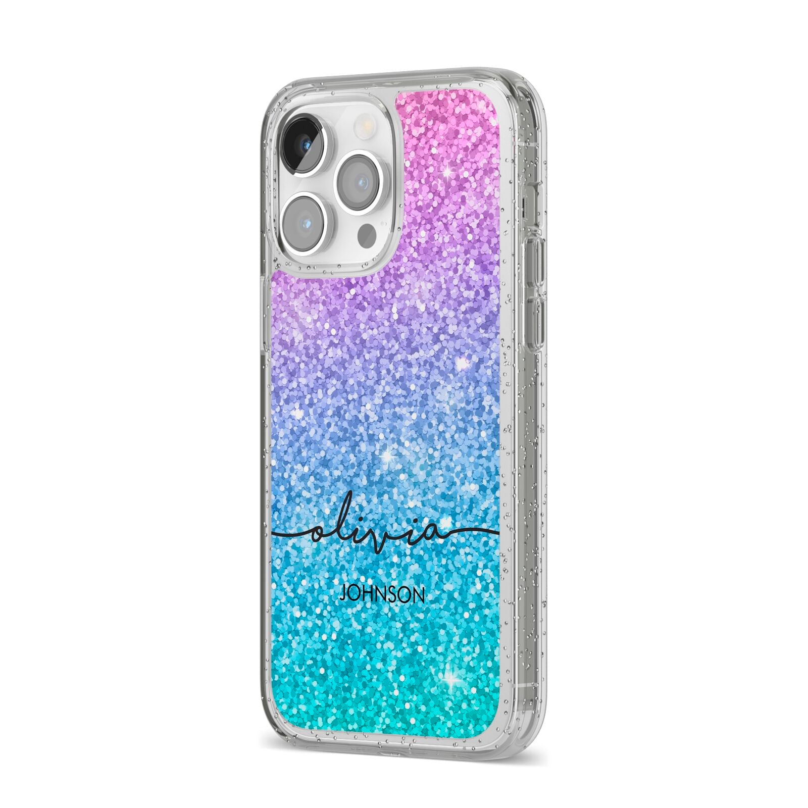 Personalised Ombre Glitter with Names iPhone 14 Pro Max Glitter Tough Case Silver Angled Image
