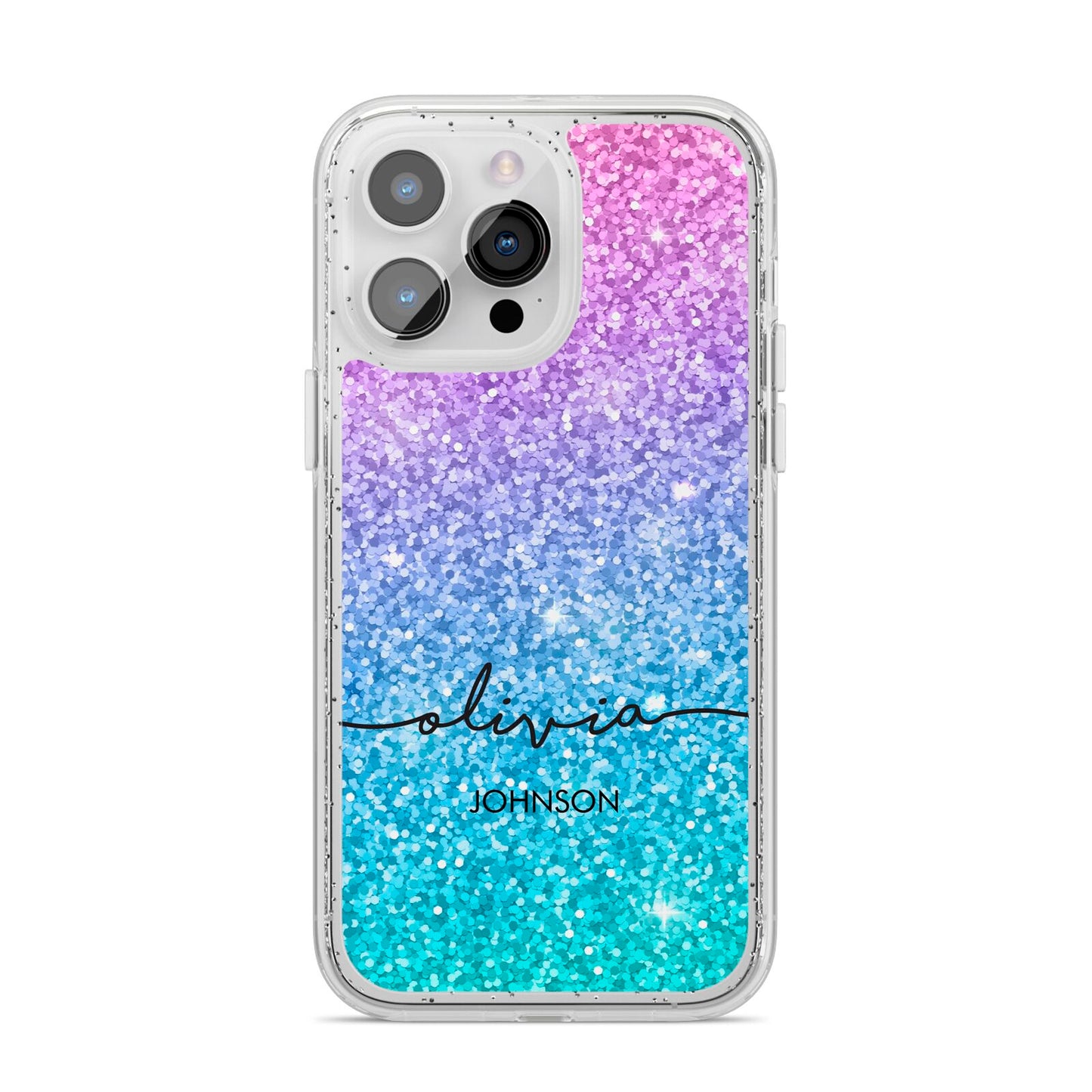 Personalised Ombre Glitter with Names iPhone 14 Pro Max Glitter Tough Case Silver