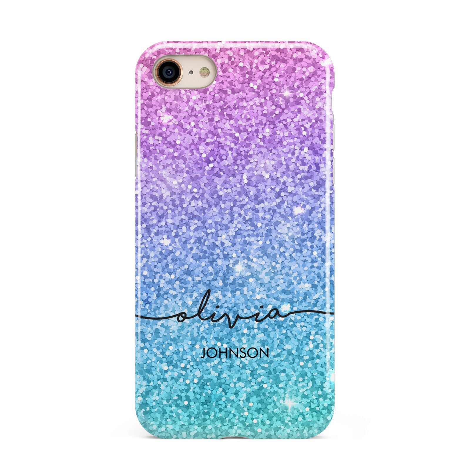 Personalised Ombre Glitter with Names iPhone 8 3D Tough Case on Gold Phone