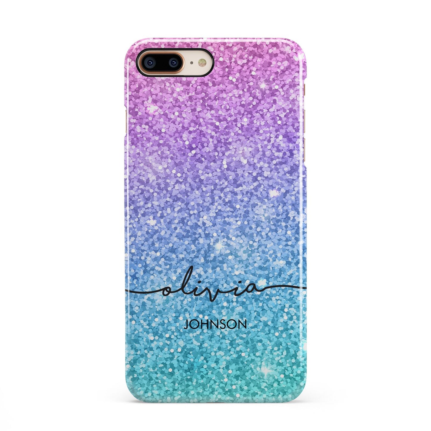 Personalised Ombre Glitter with Names iPhone 8 Plus 3D Snap Case on Gold Phone