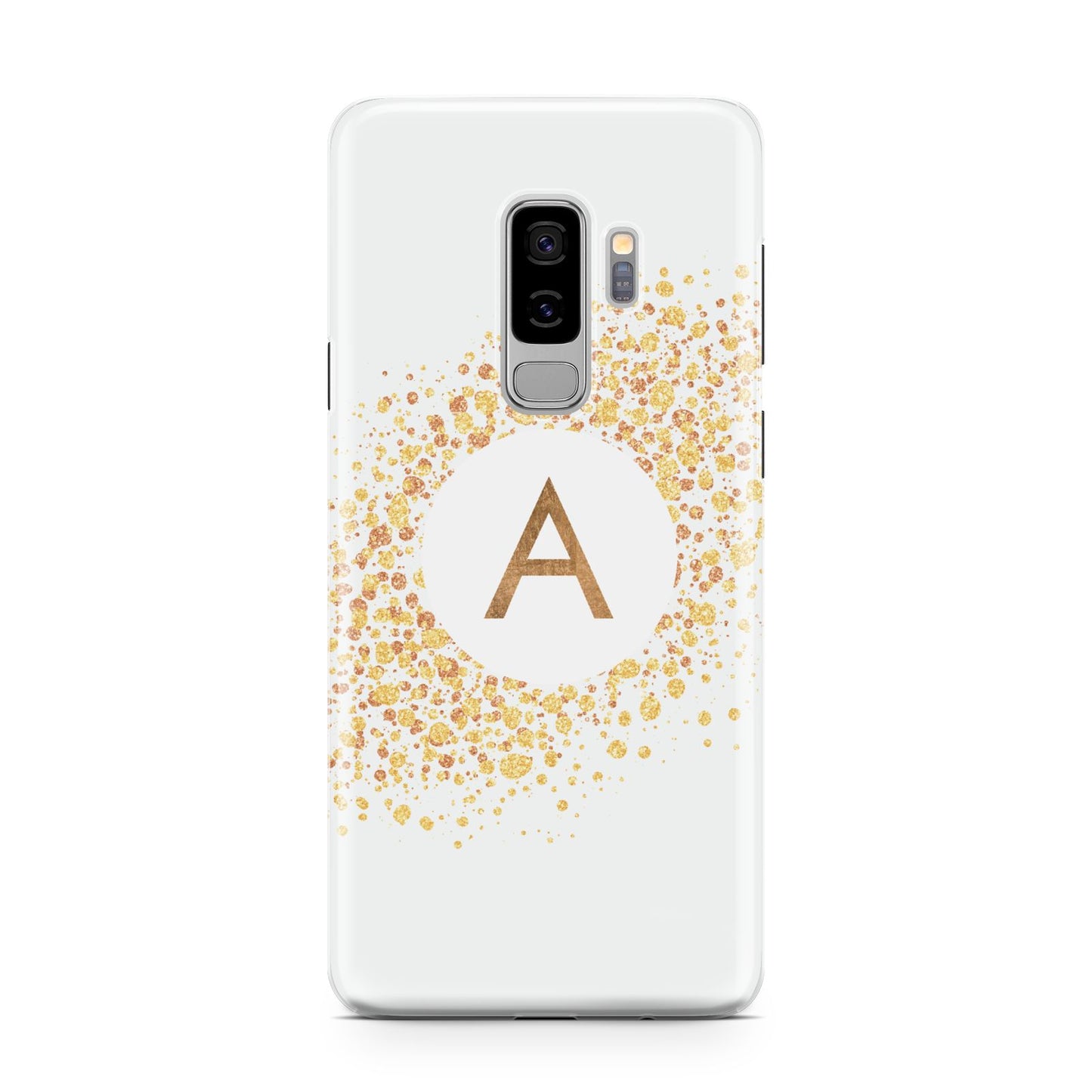 Personalised One Initial Gold Flakes Samsung Galaxy S9 Plus Case on Silver phone