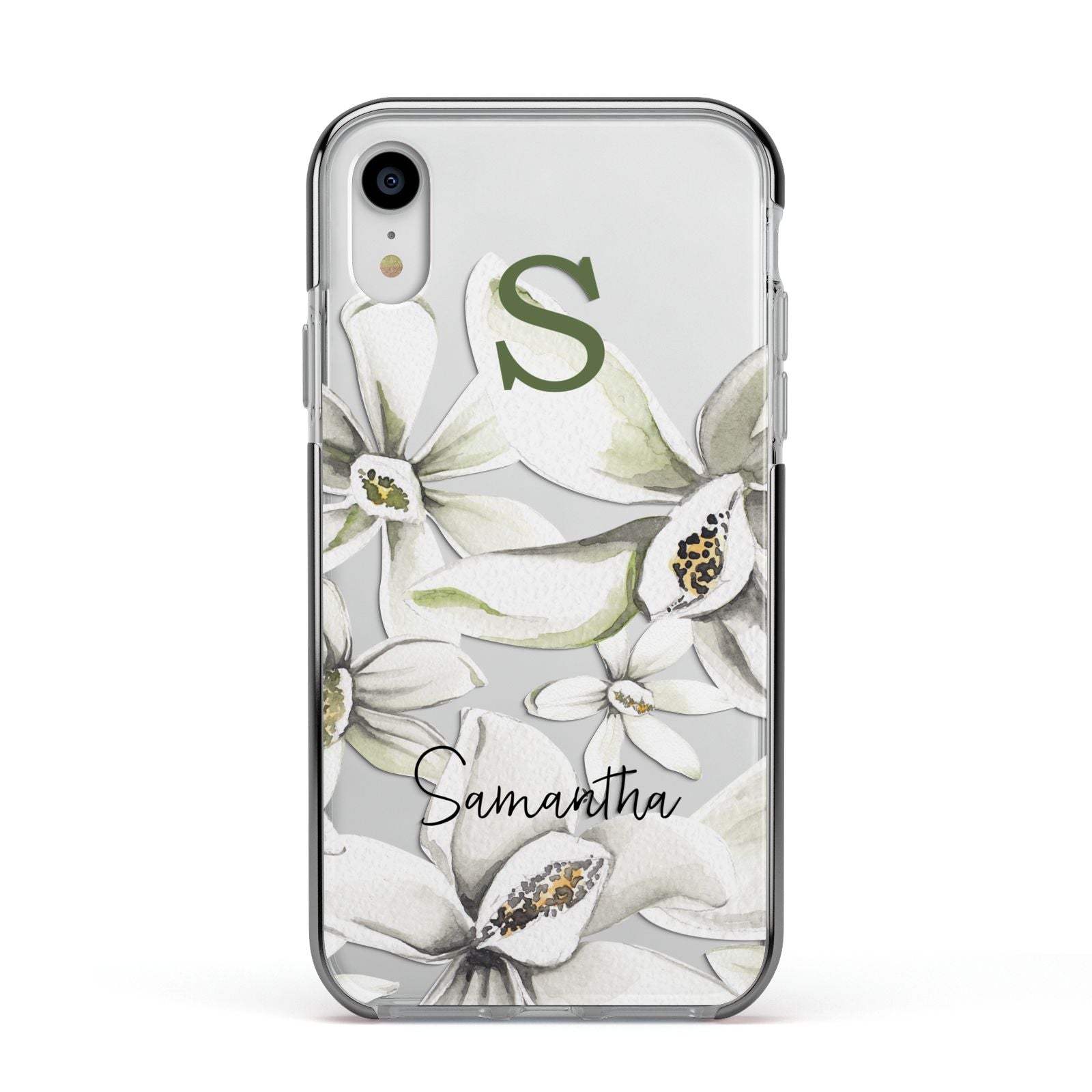 Personalised Orange Blossom Apple iPhone XR Impact Case Black Edge on Silver Phone