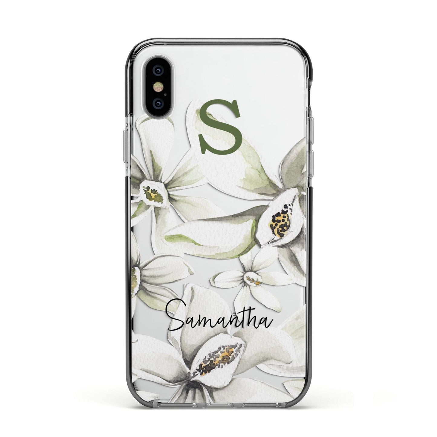 Personalised Orange Blossom Apple iPhone Xs Impact Case Black Edge on Silver Phone