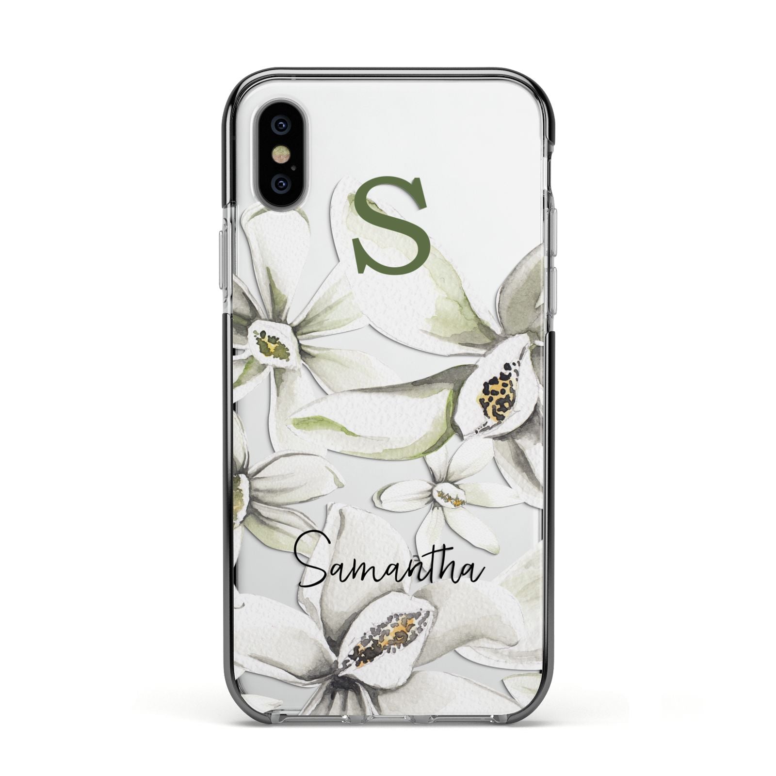 Personalised Orange Blossom Apple iPhone Xs Impact Case Black Edge on Silver Phone