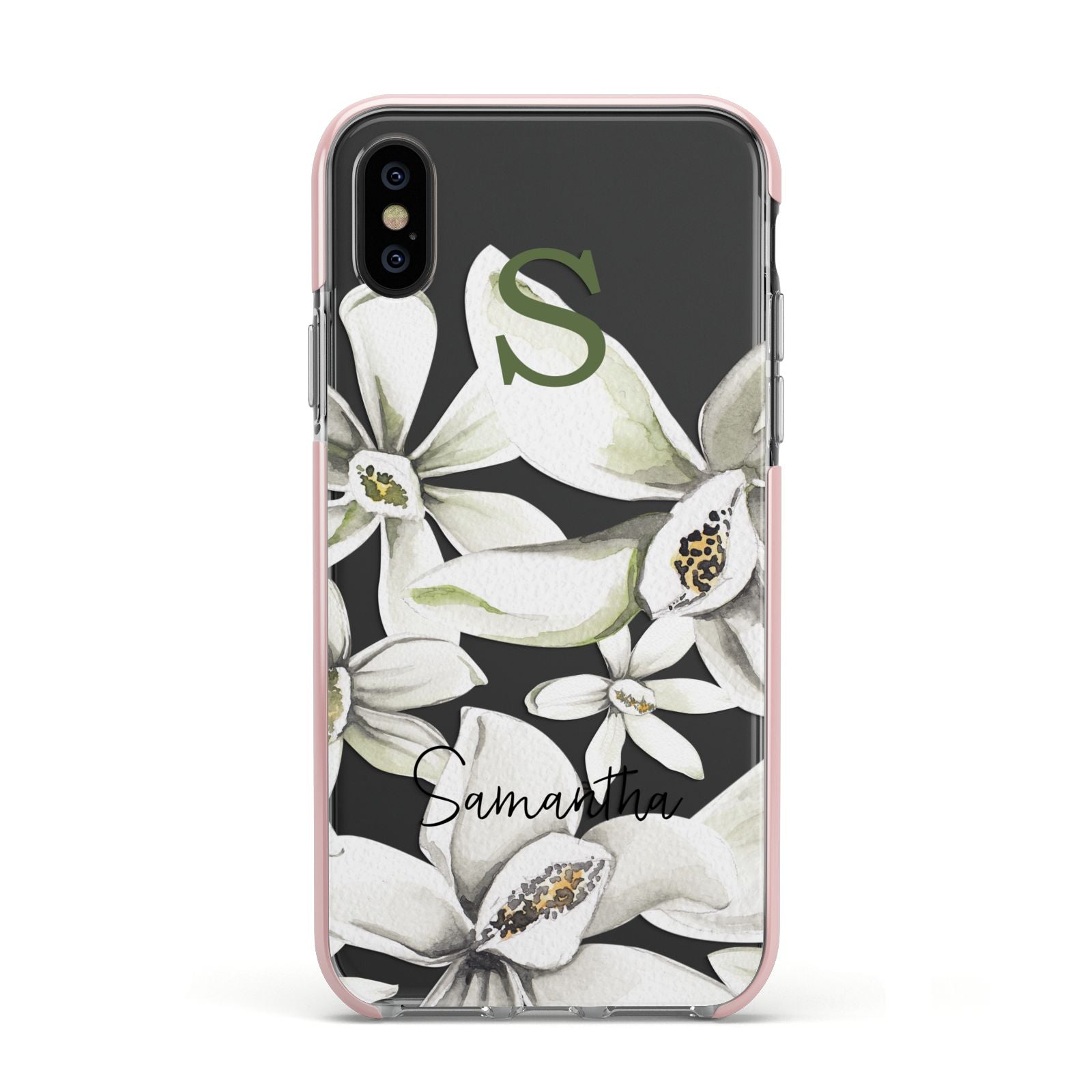 Personalised Orange Blossom Apple iPhone Xs Impact Case Pink Edge on Black Phone