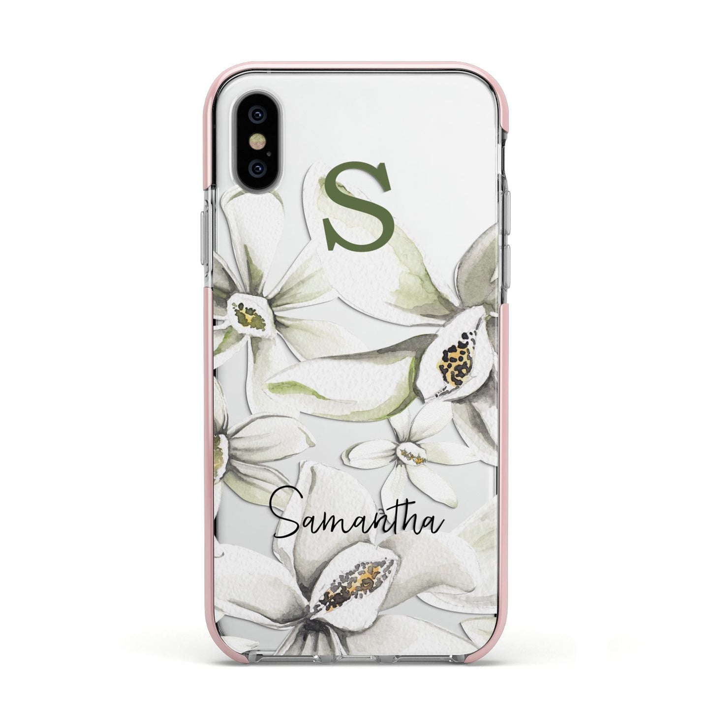 Personalised Orange Blossom Apple iPhone Xs Impact Case Pink Edge on Silver Phone