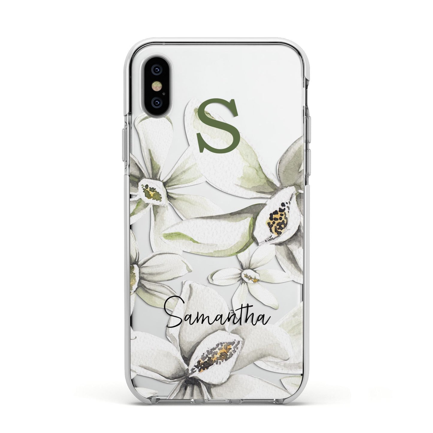 Personalised Orange Blossom Apple iPhone Xs Impact Case White Edge on Silver Phone