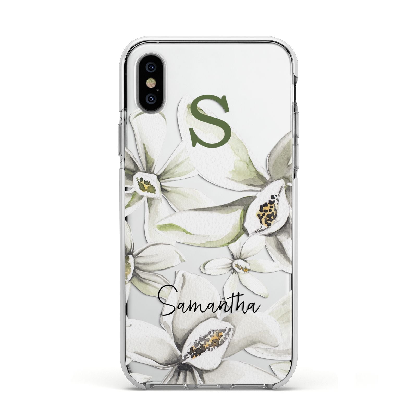 Personalised Orange Blossom Apple iPhone Xs Impact Case White Edge on Silver Phone