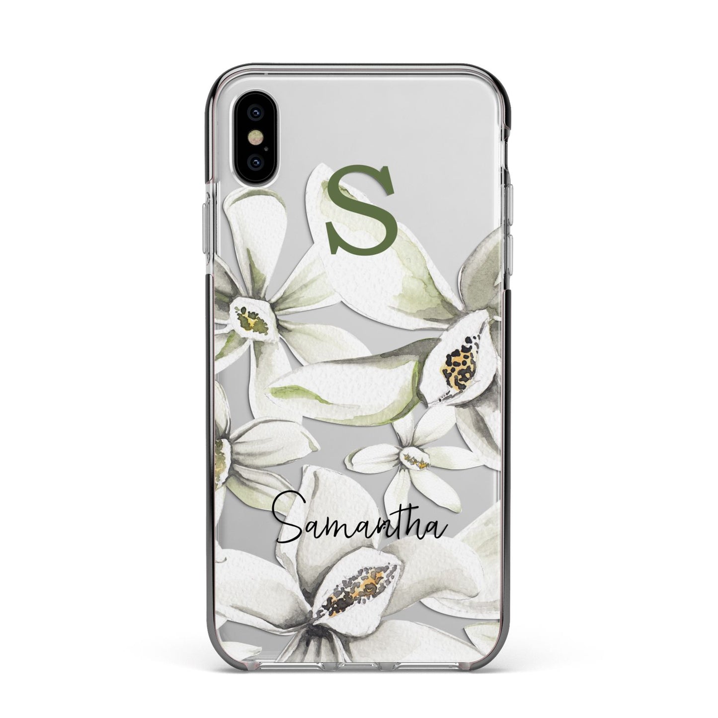 Personalised Orange Blossom Apple iPhone Xs Max Impact Case Black Edge on Silver Phone