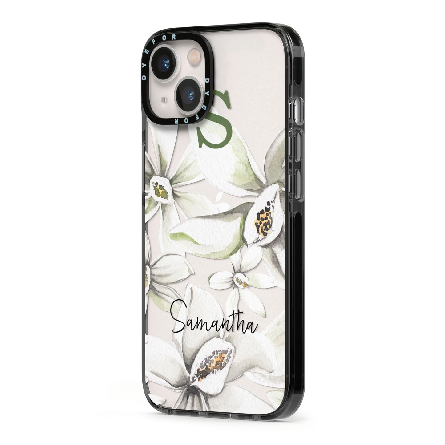 Personalised Orange Blossom iPhone 13 Black Impact Case Side Angle on Silver phone