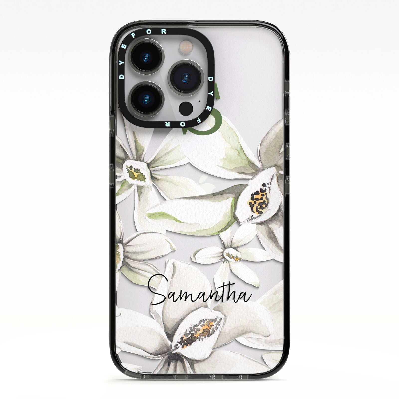 Personalised Orange Blossom iPhone 13 Pro Black Impact Case on Silver phone